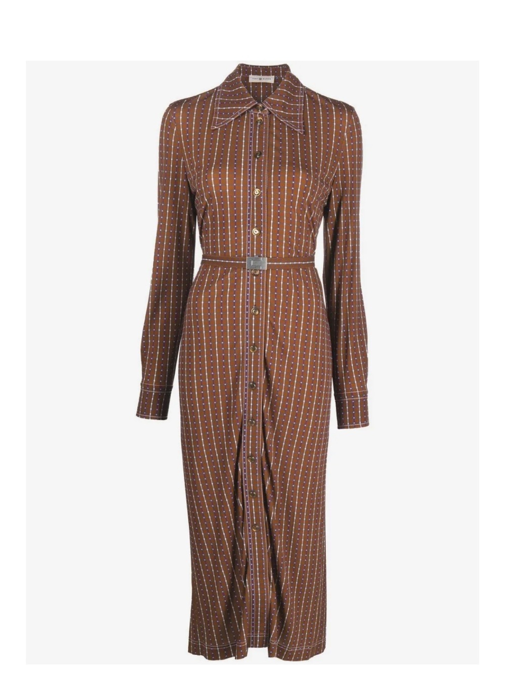 NWOT Tory Burch Dotted Windowpane Midi Polo Dress Brown Geometric Stripe Size 0